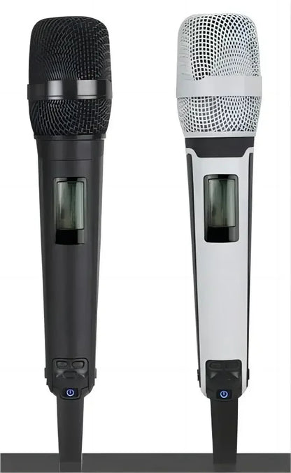 Black and silver wireless karaoke microphone dynamic with mesh grille and digital display for professional dj conference use