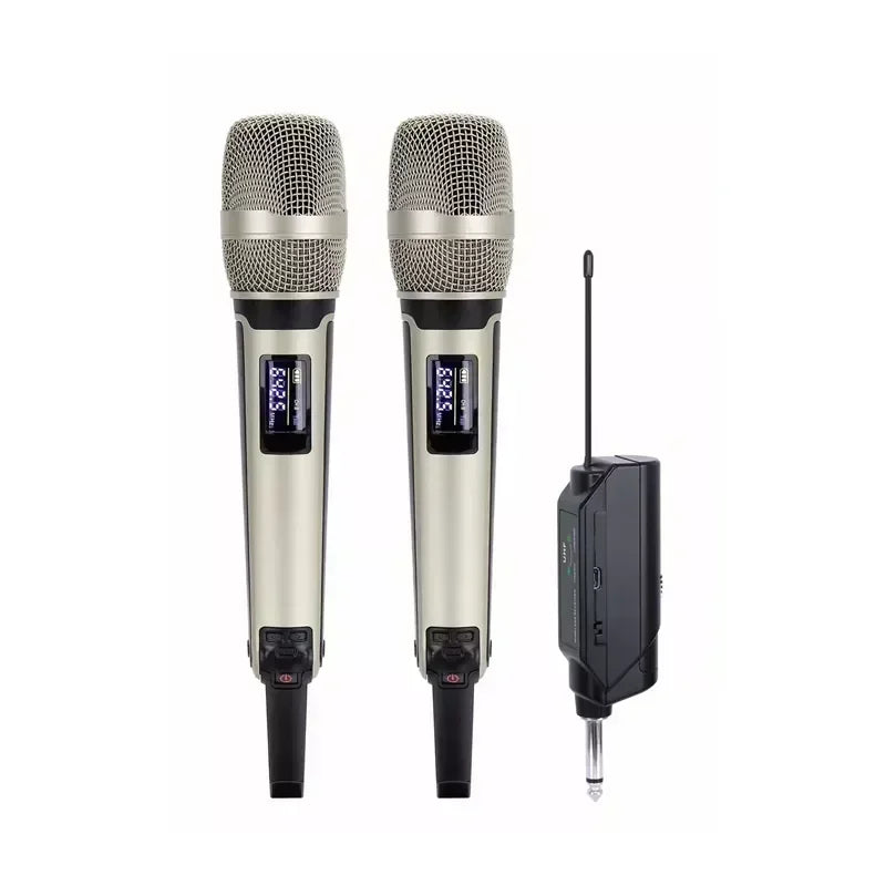 Two silver wireless karaoke microphones with black accents and digital displays with a black receiver for professional dj conference use