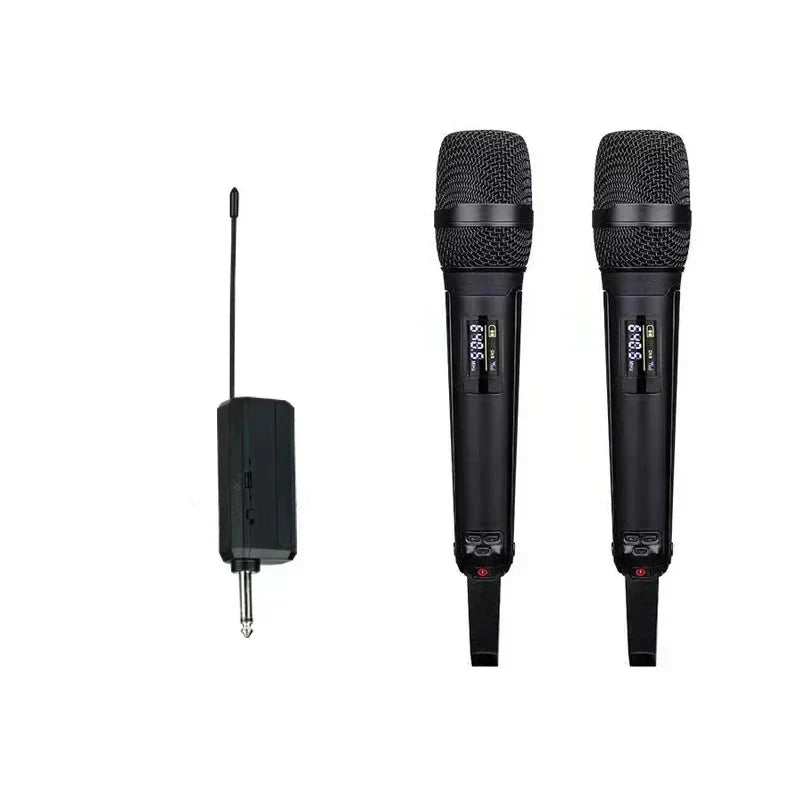 Black wireless karaoke microphone set with two dynamic handheld mics and receiver for professional dj conference use
