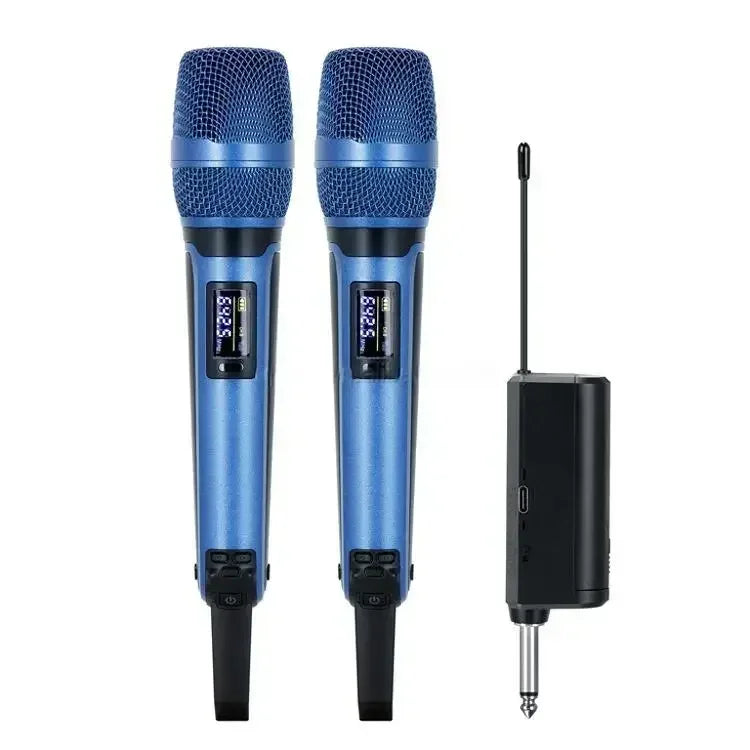 Blue wireless karaoke microphone dynamic handheld with mesh grille digital display and black receiver for professional dj conference use