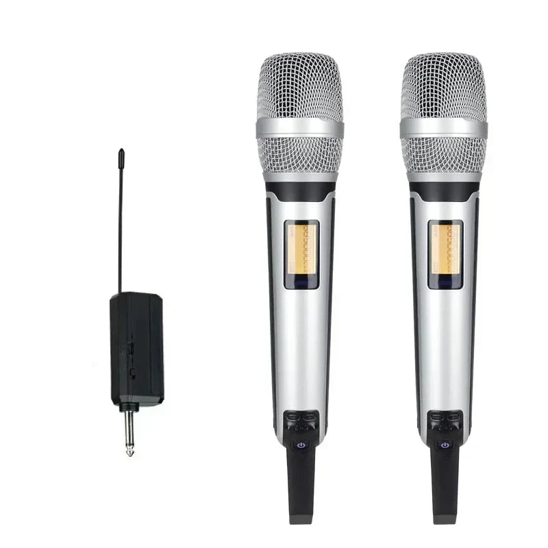 Silver and black wireless karaoke microphone dynamic with mesh grilles and gold display panel for professional dj conference use
