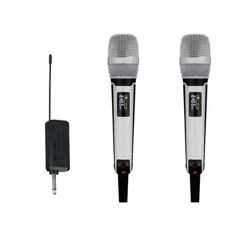 Silver and black wireless karaoke microphone dynamic set with digital displays and receiver for professional dj conference use