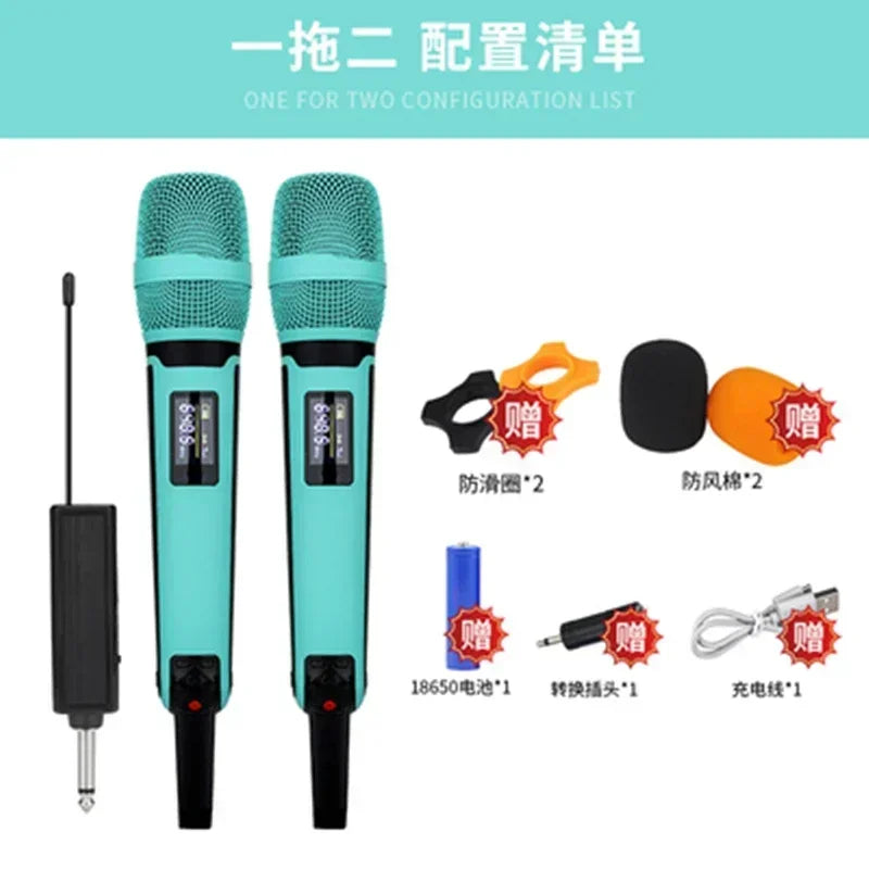 Teal wireless karaoke microphone dynamic with black mesh grille for professional DJ conference and home studio recording