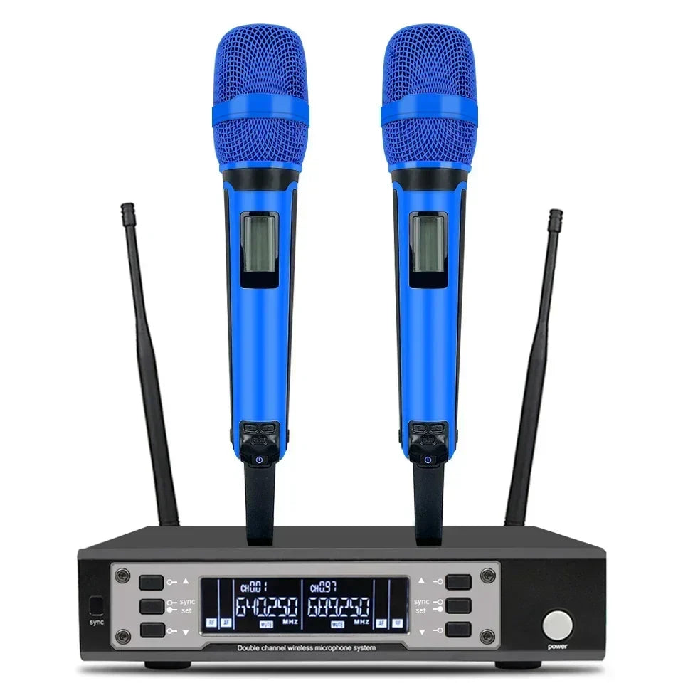 Blue wireless karaoke microphone dynamic handheld with mesh grille and digital display paired with black receiver unit for professional dj conference use