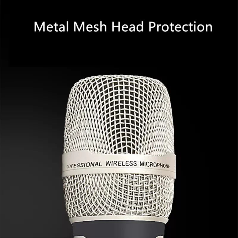 White metal mesh head protection on a professional wireless karaoke microphone dynamic for dj conference use