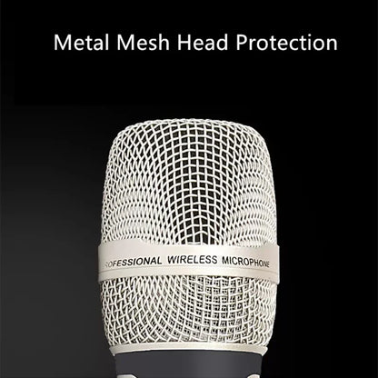 White metal mesh head protection on a professional wireless karaoke microphone dynamic for dj conference use