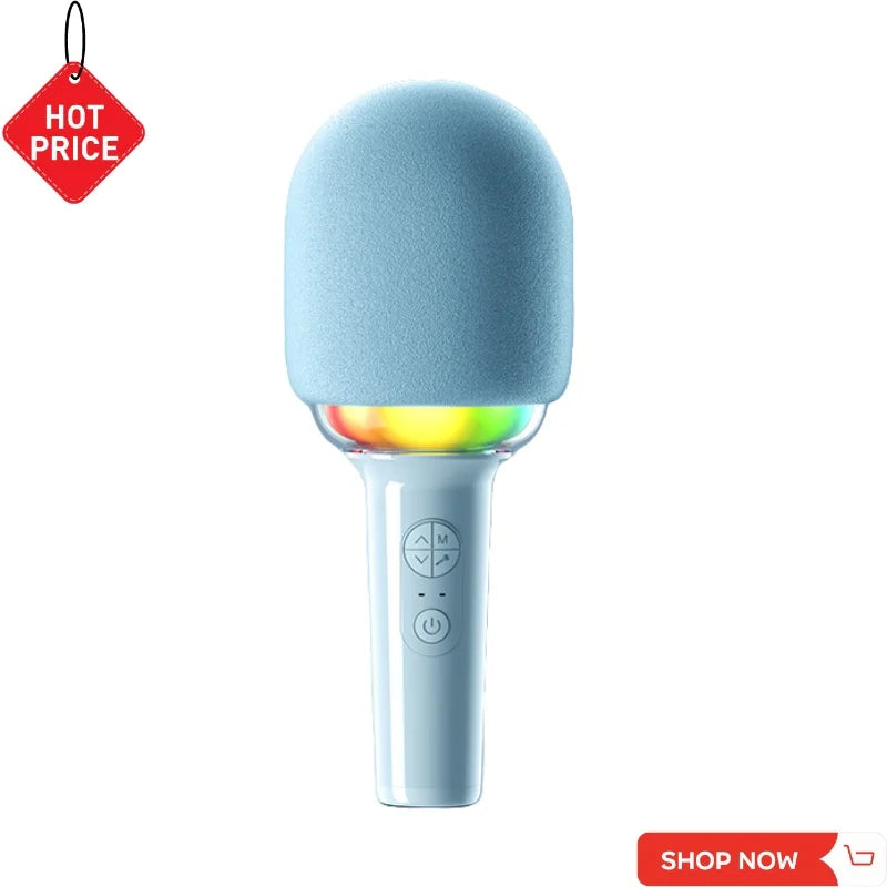 Light blue foam-covered wireless karaoke microphone with rainbow led lights and delay 52mm speaker no howling portable mic
