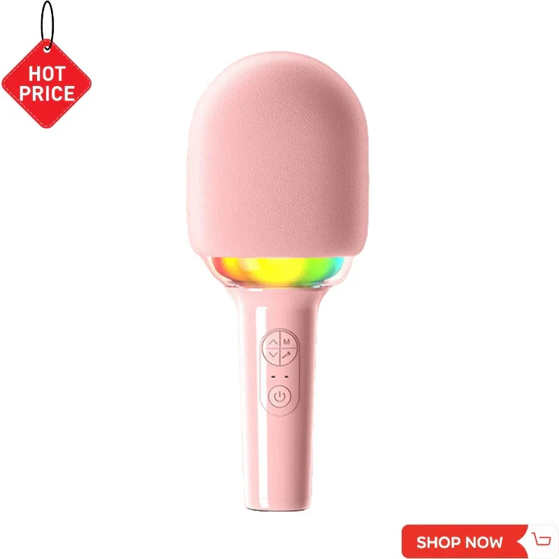 Pink wireless karaoke microphone with soft foam cover and rainbow led lights featuring delay 52mm speaker and no howling portable mic