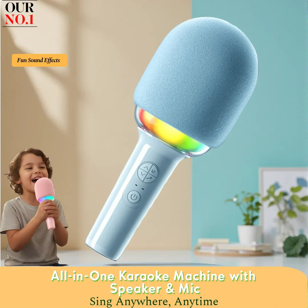 Light blue wireless karaoke microphone with soft foam cover rainbow led lights delay 52mm speaker no howling portable mic