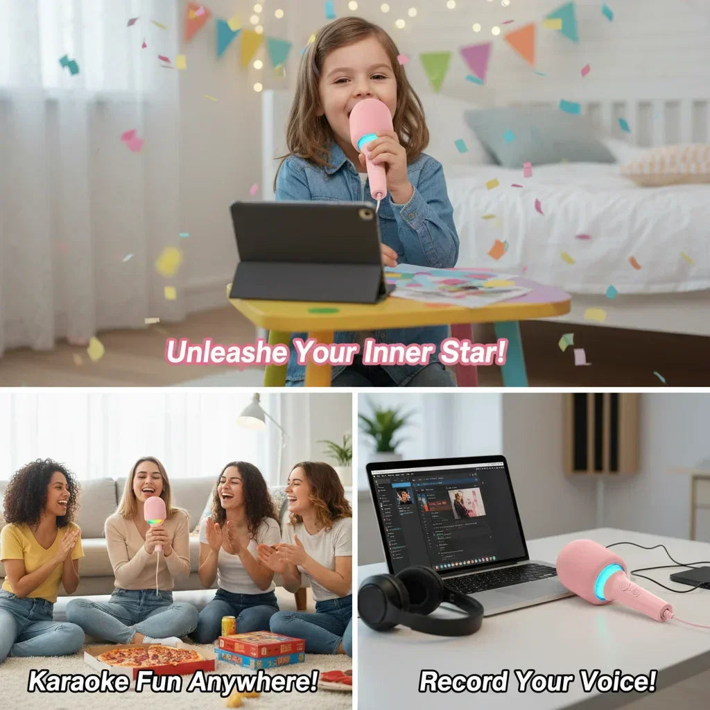 Pink wireless karaoke microphone with blue led light ring featuring delay 52mm speaker for no howling portable mic use