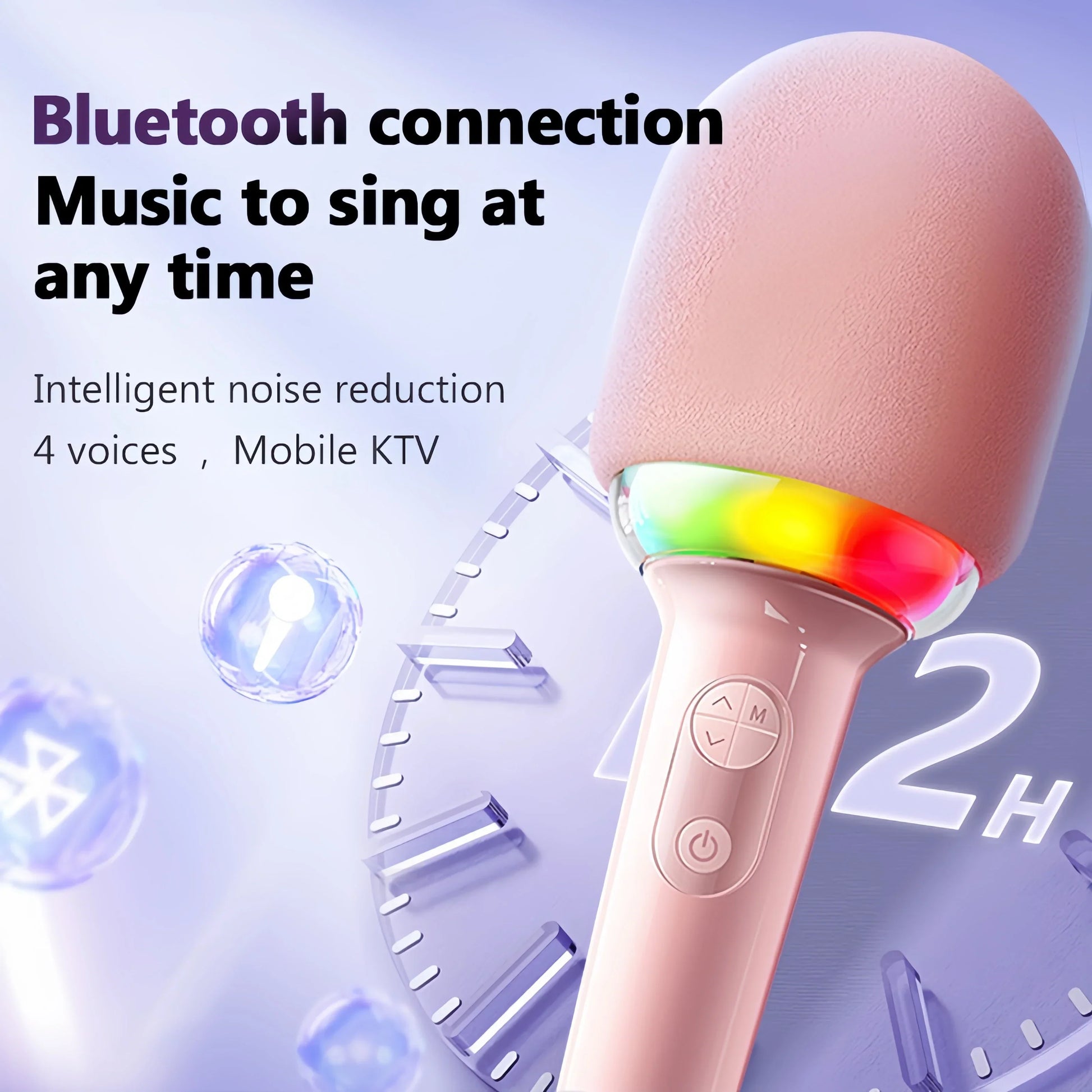 Pink wireless karaoke microphone with colorful led ring, delay 52mm speaker, and control buttons, no howling portable mic