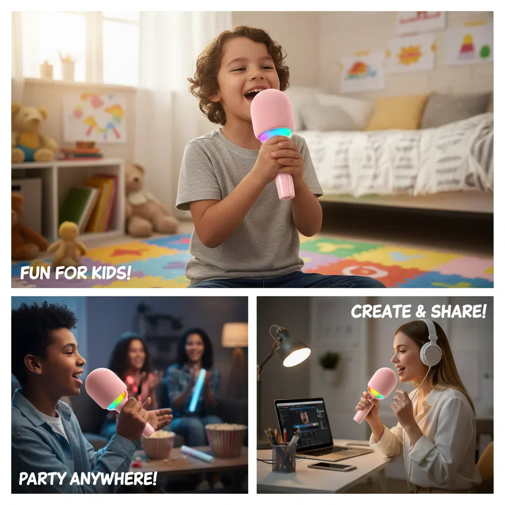 Pink wireless karaoke microphone with colorful light display featuring no howling portable mic and delay 52mm speaker
