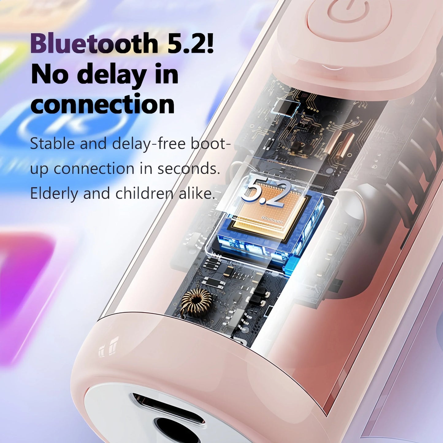 Pink translucent wireless karaoke microphone earbud with visible circuitry and power button for delay 52mm speaker use