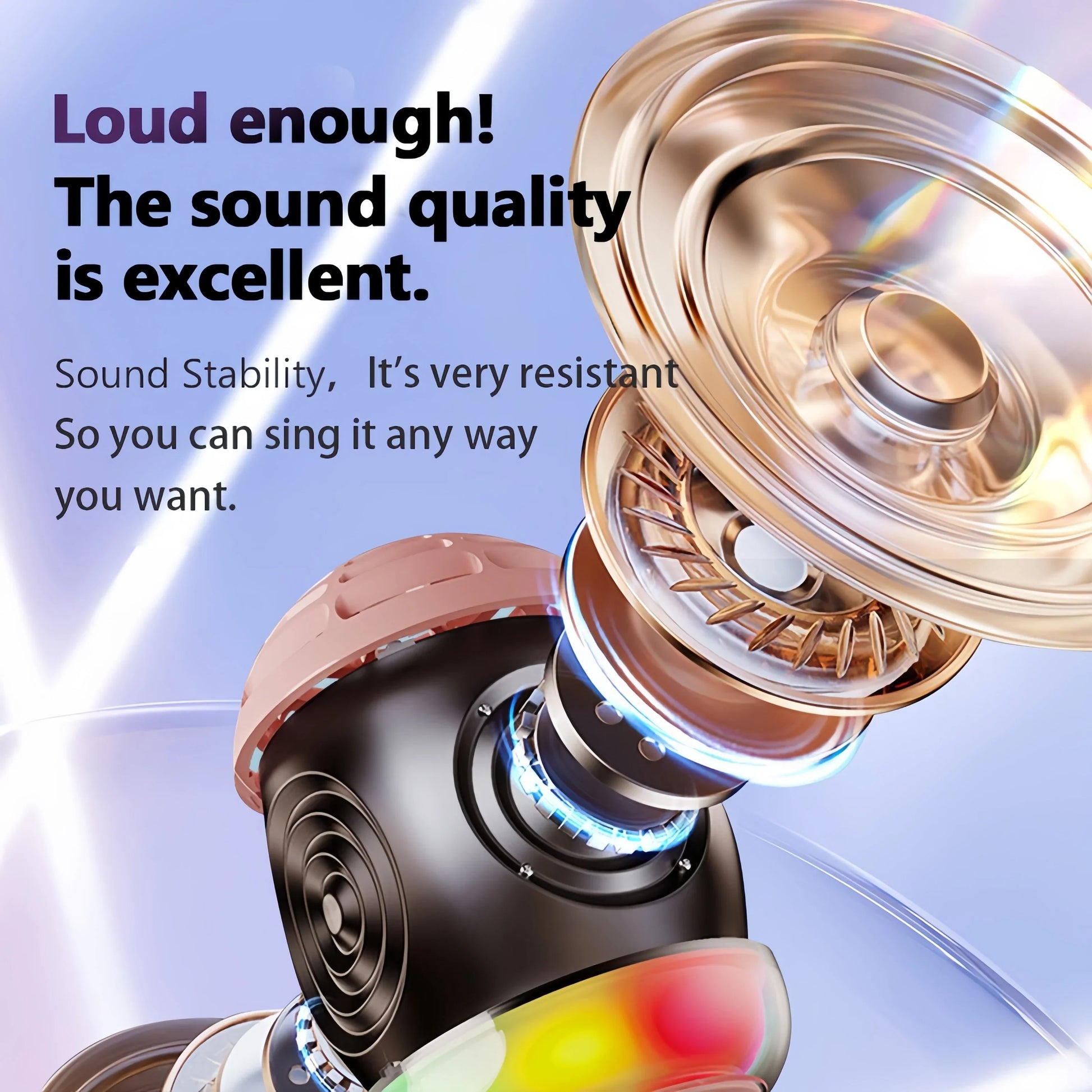 A sleek wireless karaoke microphone with delay 52mm speaker and matte black exterior with rose gold accents