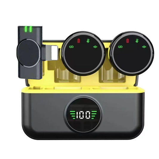 Yellow and black wireless lavalier lapel earbud charging case with digital display showing 100 percent battery for game video interview audio recording
