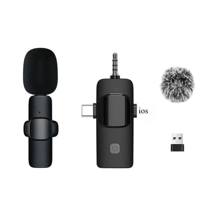 Black wireless lavalier microphone with fuzzy windscreen and usb receiver for iphone ipad android samsung live game use
