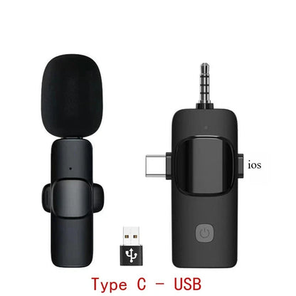 Black wireless lavalier microphone with usb-c charging cable compatible with iphone ipad android and samsung live game use