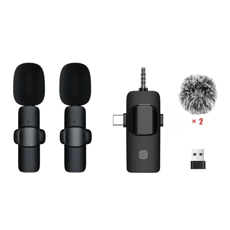 Black wireless lavalier microphone with usb-c power button two clip-on mics and furry windscreens for iphone ipad android samsung live game