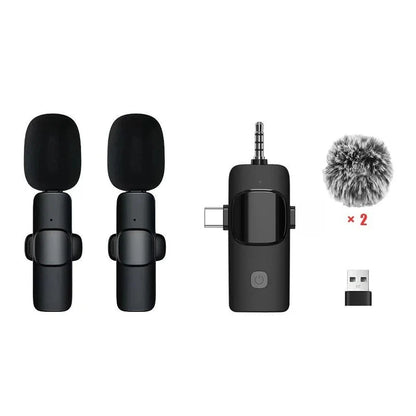 Black wireless lavalier microphone with usb-c power button two clip-on mics and furry windscreens for iphone ipad android samsung live game