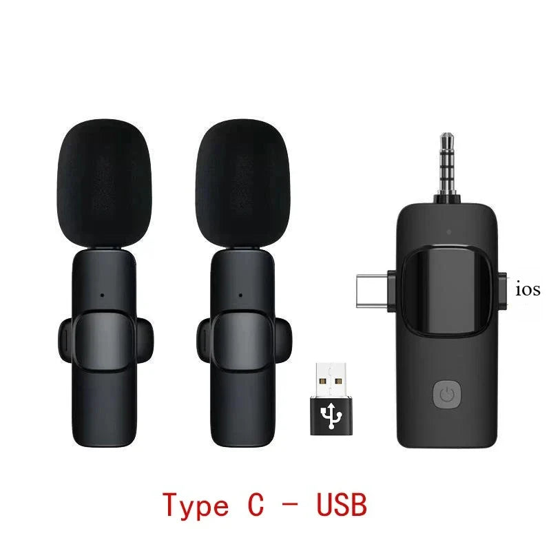 Black wireless lavalier microphone set with usb type-c receiver and charging cable for iphone ipad android samsung live game use