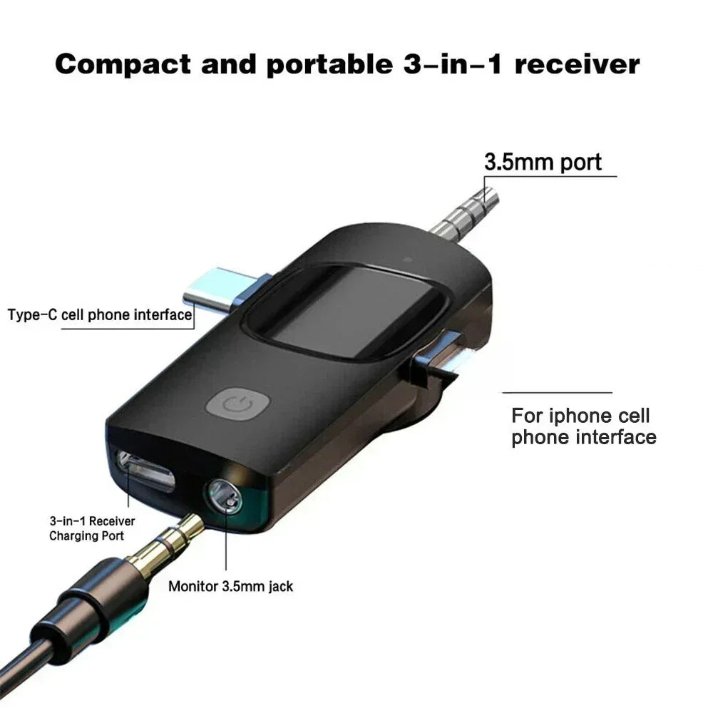 Black wireless lavalier 3-in-1 receiver with type-c port and 3.5mm jack for iphone ipad android samsung live game use