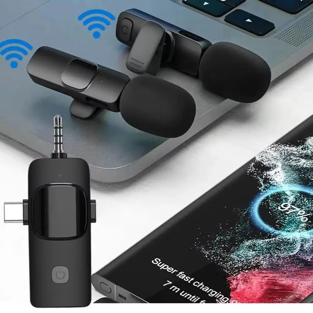 Black wireless lavalier microphone transmitter with usb-c and 3.5mm jack ports for iphone ipad android samsung live game use