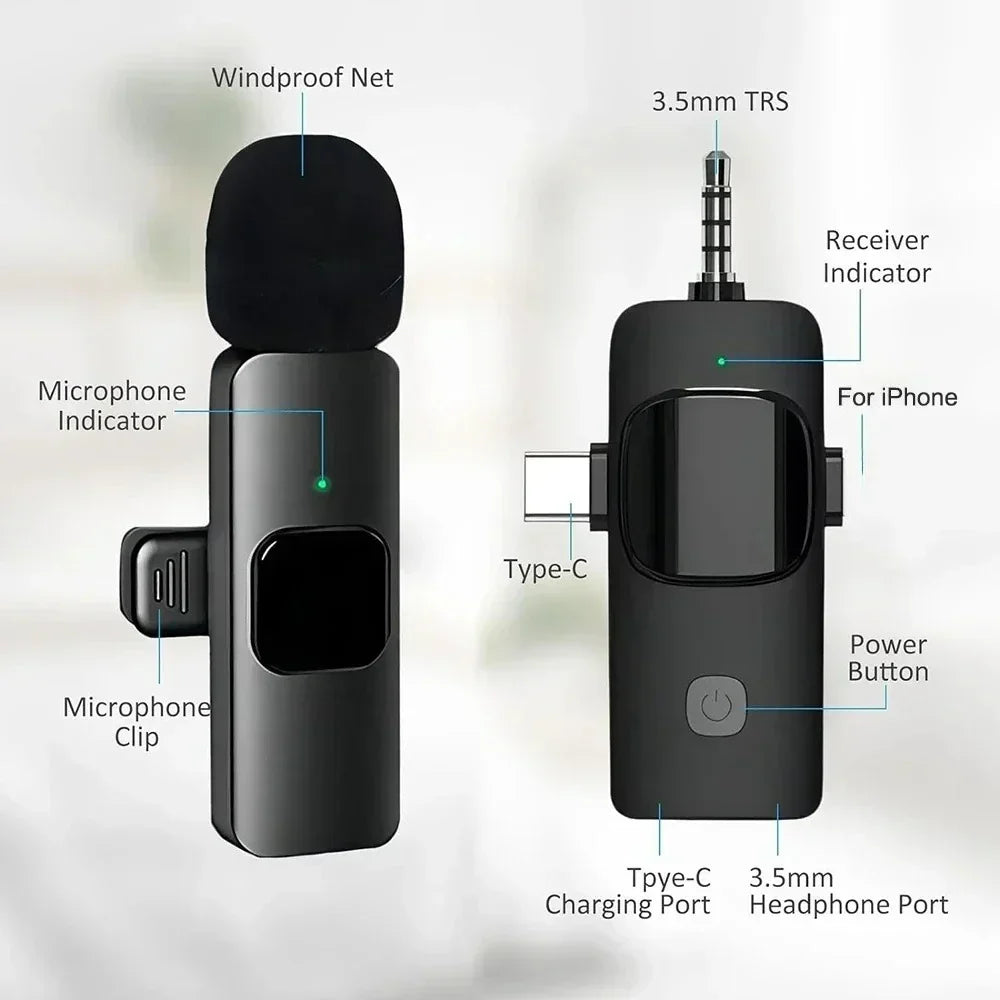 Black wireless lavalier microphone with windproof net and type-c charging port for iphone ipad android samsung live game use