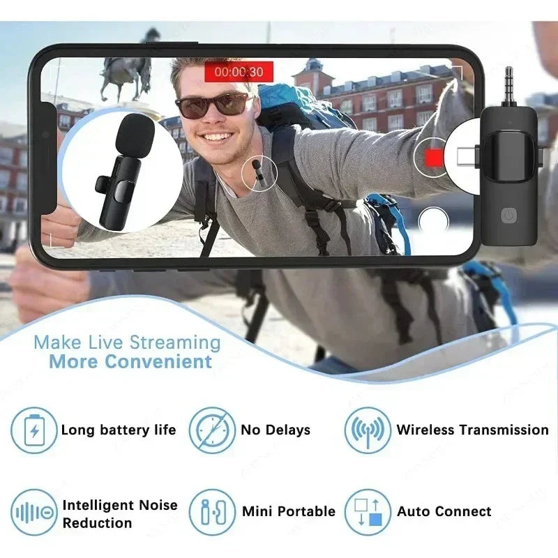 Black wireless lavalier microphone with clip and receiver adapter for iphone ipad android and samsung live game streaming
