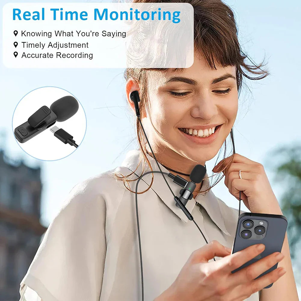 Black wireless lavalier microphone with matte finish and usb-c cable for real-time monitoring in phone live broadcast