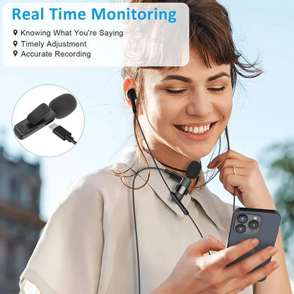 Black wireless lavalier microphone with matte finish and usb-c cable for real-time monitoring in phone live broadcast