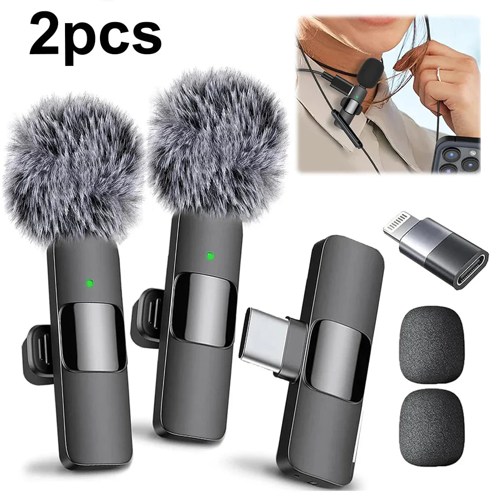 Black wireless lavalier microphone with fuzzy gray windscreen and green led indicator for phone live broadcast and recording mini microphone use