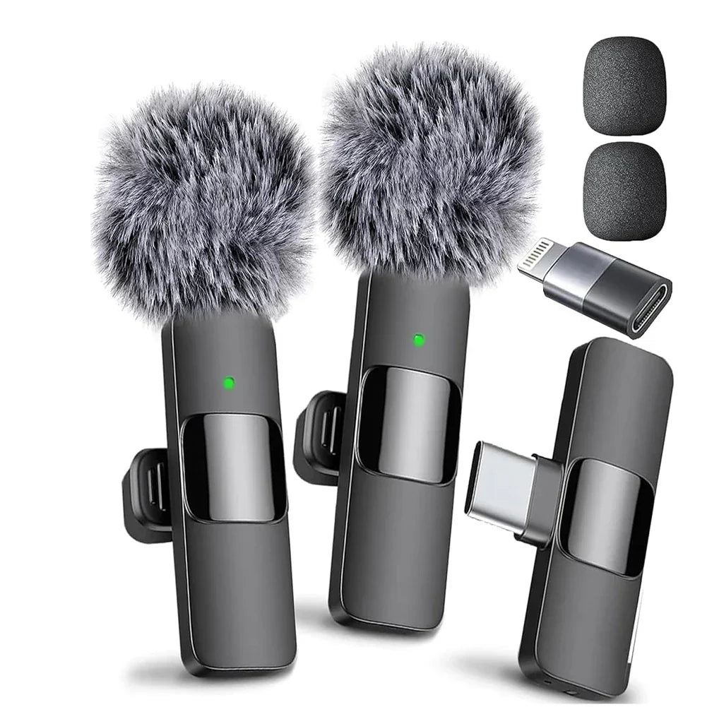 Black wireless lavalier microphone with fuzzy gray windshield and usb-c connector for phone live broadcast recording mini microphone