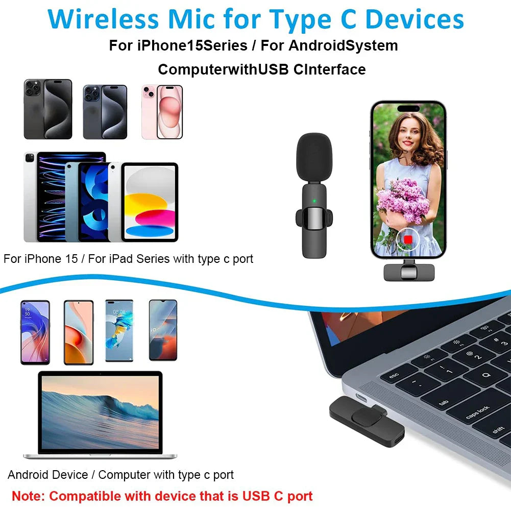 Black wireless lavalier microphone with ergonomic design and usb-c connector for phone live broadcast and recording mini microphone