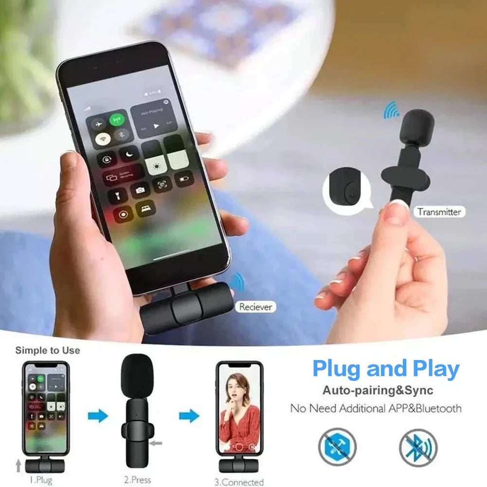 Black wireless lavalier microphone transmitter and receiver set for phone live broadcast and recording mini microphone use