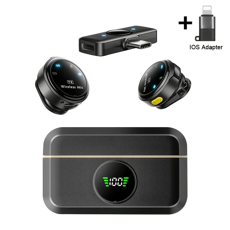 Black wireless lavalier microphone with noise-canceling function and built-in battery in charging case with digital display