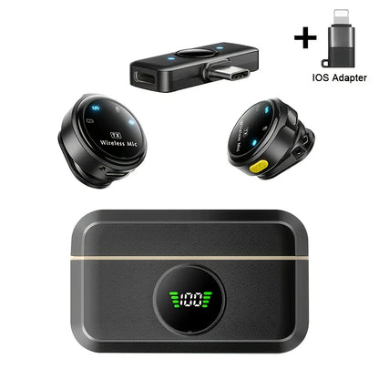 Black wireless lavalier microphone with noise-canceling function and built-in battery in charging case with digital display