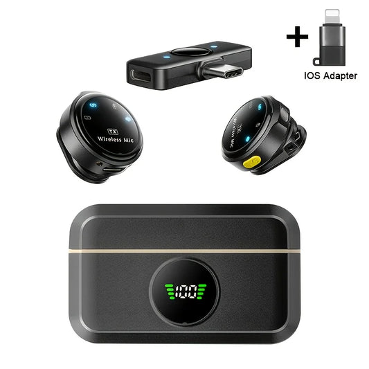 Black wireless lavalier microphone with noise-canceling function and built-in battery in charging case with digital display