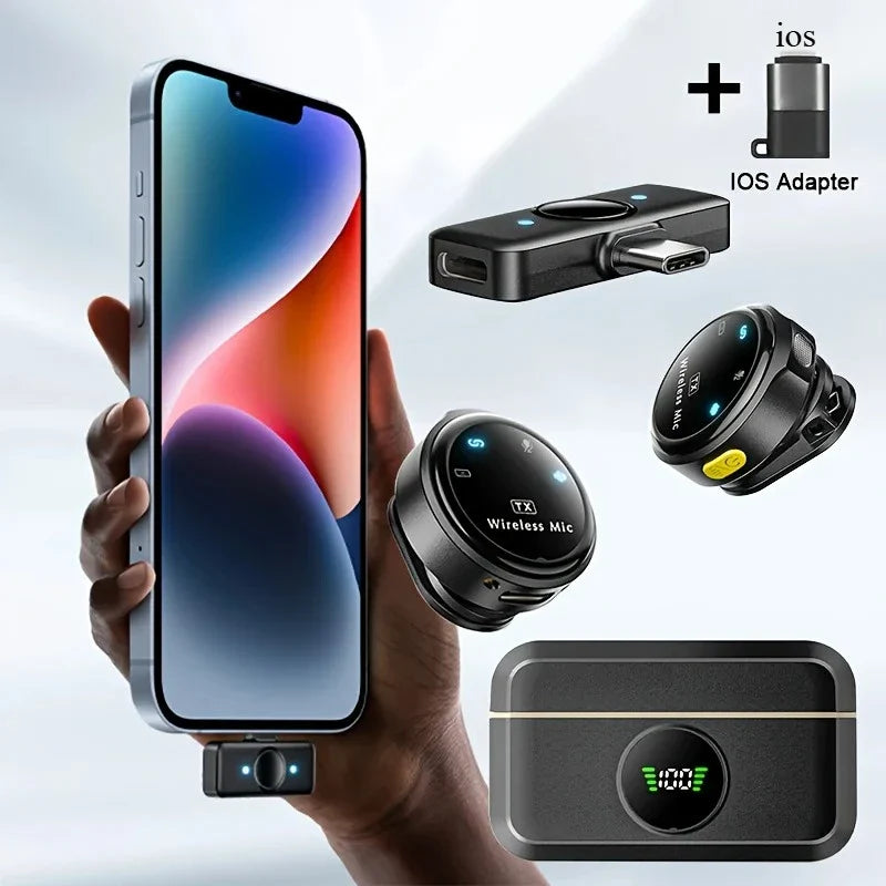 Black wireless lavalier microphone with noise-canceling function built-in battery usb-c adapter and charging case