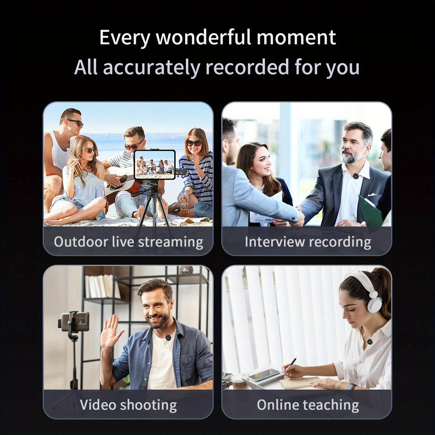 Black wireless lavalier microphone with noise-canceling function and built-in battery for discreet video recording