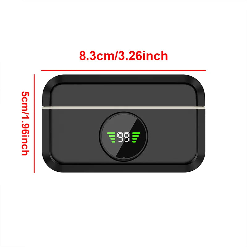 Black rectangular wireless lavalier microphone charging case with built-in battery and green led for noise-canceling function