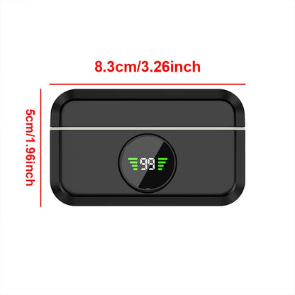 Black rectangular wireless lavalier microphone charging case with built-in battery and green led for noise-canceling function