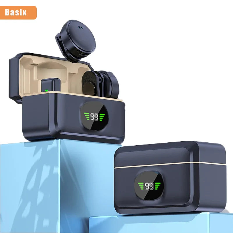 Black basix wireless lavalier microphone earbuds in matte case with built-in battery and noise-canceling function display