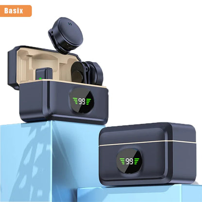 Black basix wireless lavalier microphone earbuds in matte case with built-in battery and noise-canceling function display
