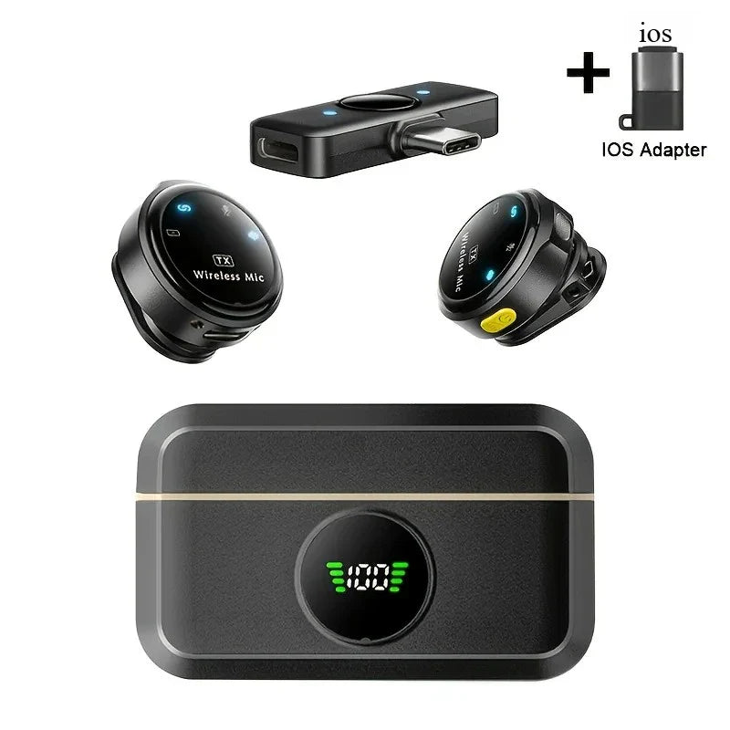 Black wireless lavalier microphone with noise-canceling function and built-in battery in compact charging case with digital display