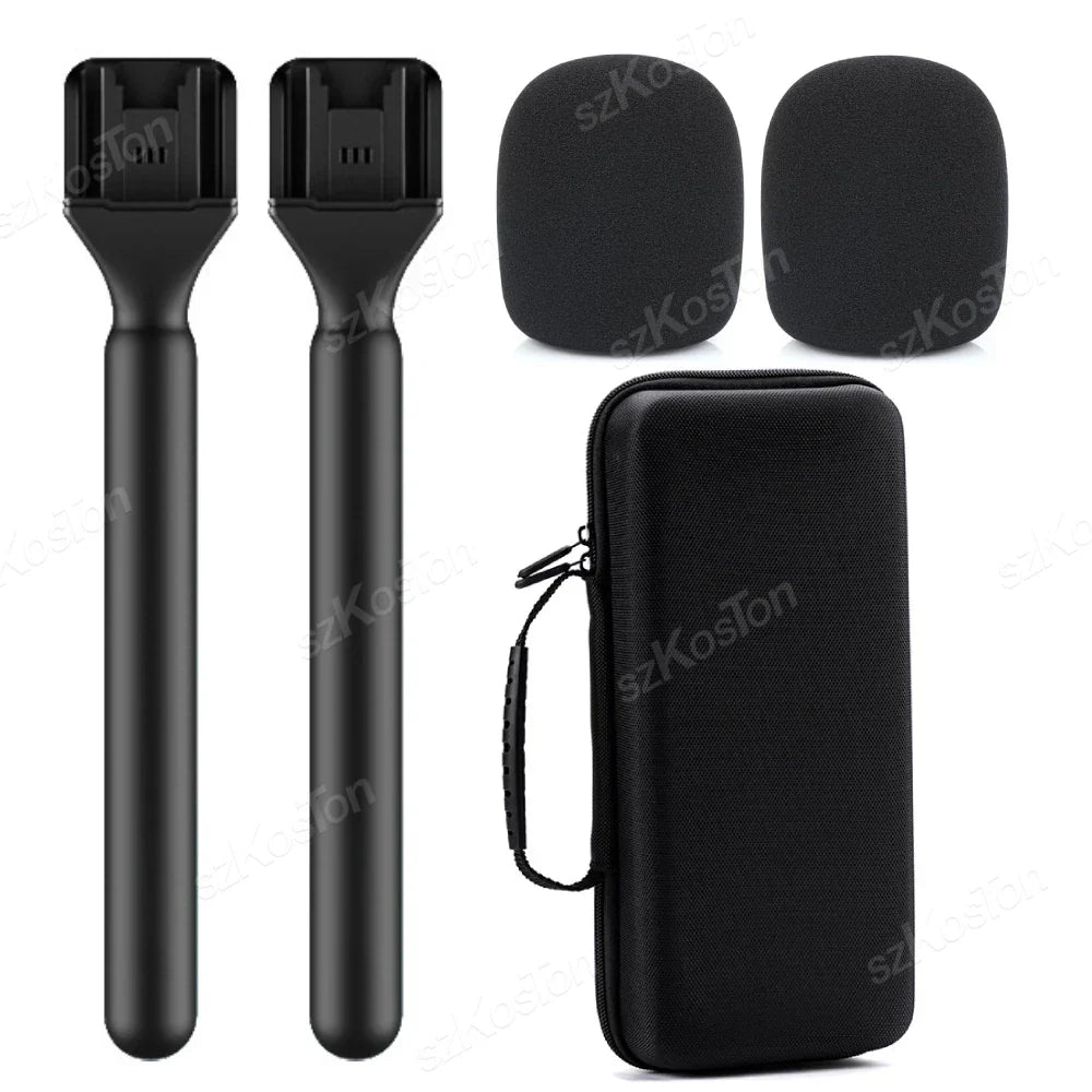 Black wireless lavalier microphone stands with foam covers and a carrying case for rode wireless vlog interview report use
