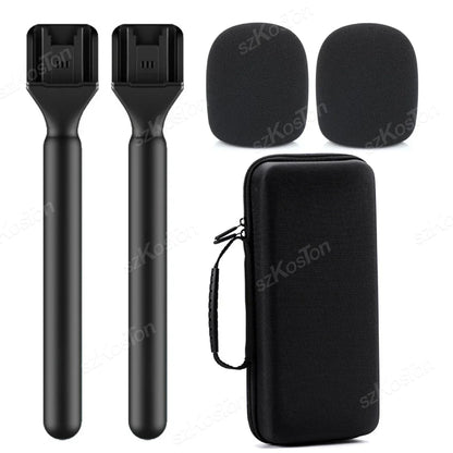 Black wireless lavalier microphone stands with foam covers and a carrying case for rode wireless vlog interview report use