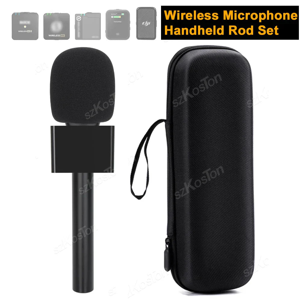 Black wireless handheld microphone with foam windscreen and case for rode wireless vlog interview report use