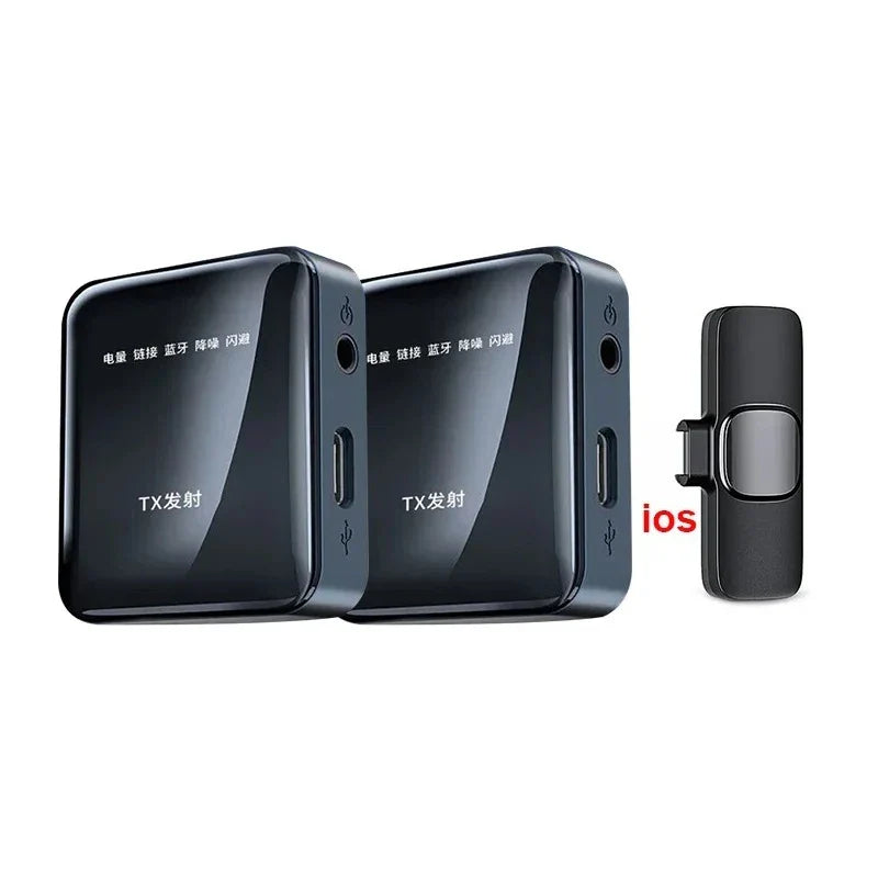 Black wireless bluetooth transmitter devices with glossy finish and silver accents for lavalier microphone gaming phone vlog and android live broadcast