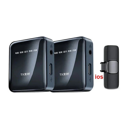 Black wireless bluetooth transmitter devices with glossy finish and silver accents for lavalier microphone gaming phone vlog and android live broadcast