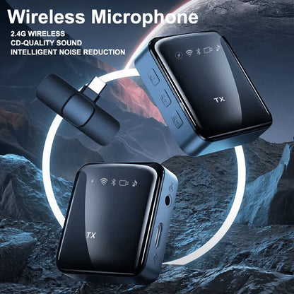 Black wireless lavalier microphone transmitter and receiver set with glossy finish for android live broadcast and gaming phone vlog